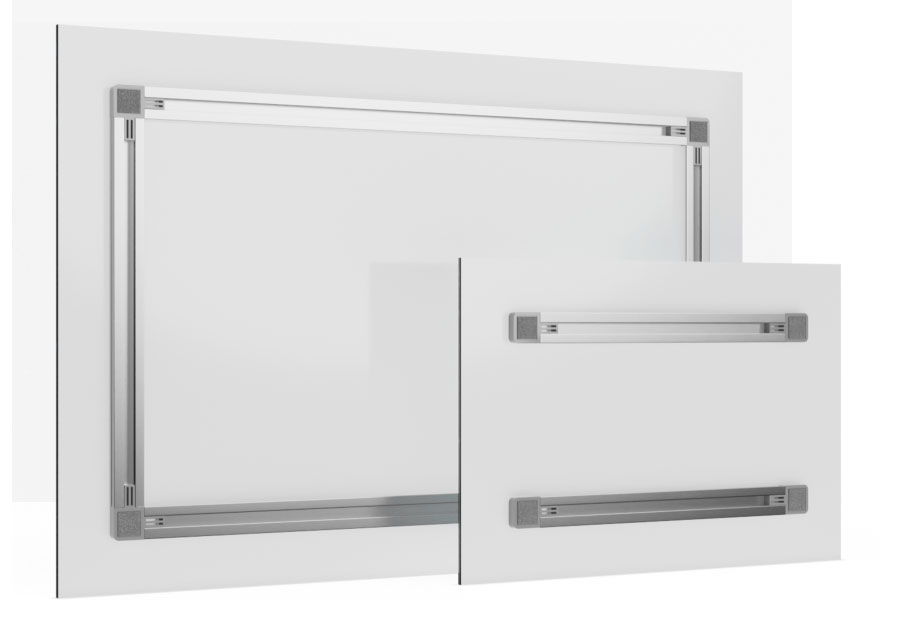 hanging rails on reverse print on brushed aluminium